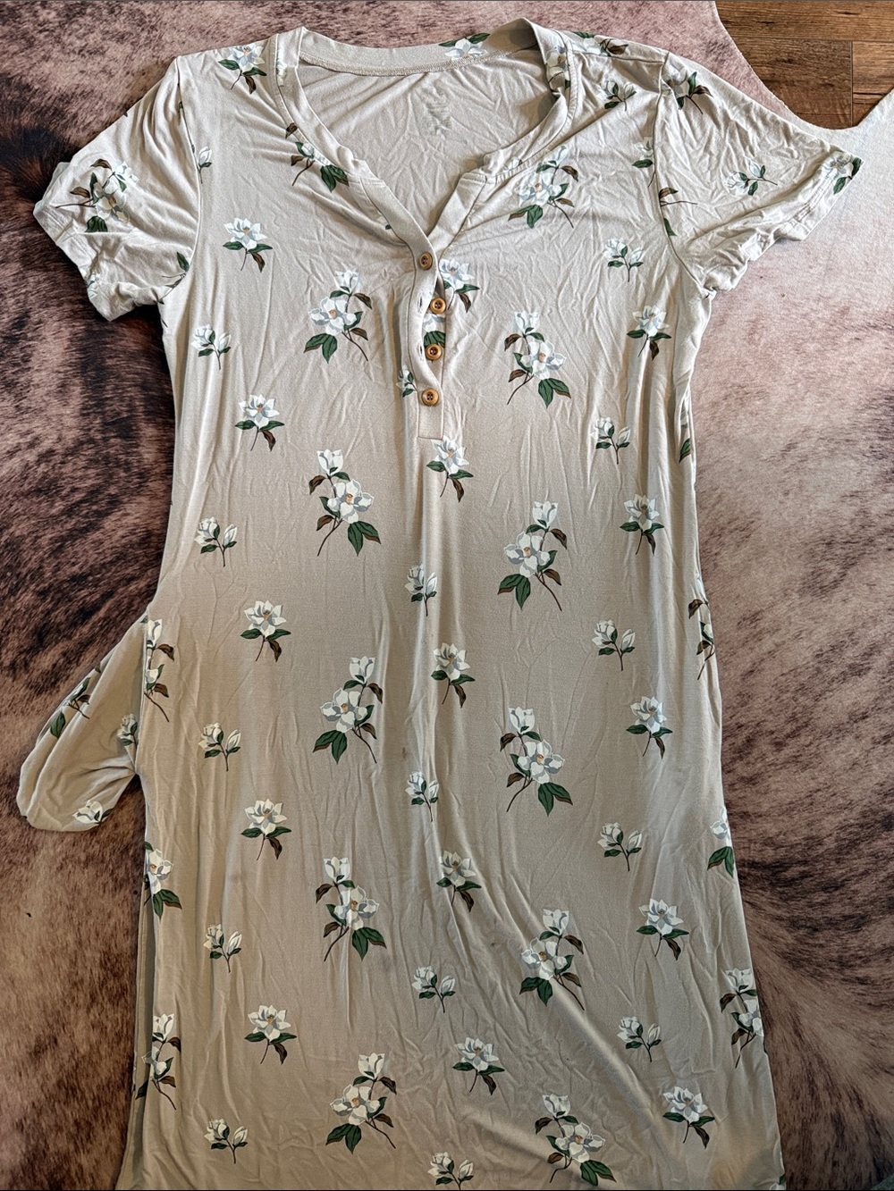 Kyte BABY Taupe Floral Button-Front Dress with White Blooms Night gown